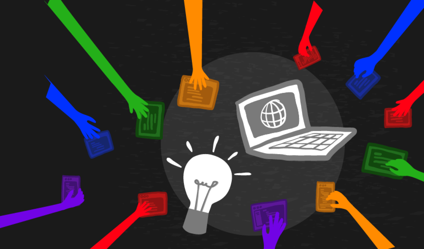 Illustration of hands holding technological devices in a circle around a laptop and idea light bulb.