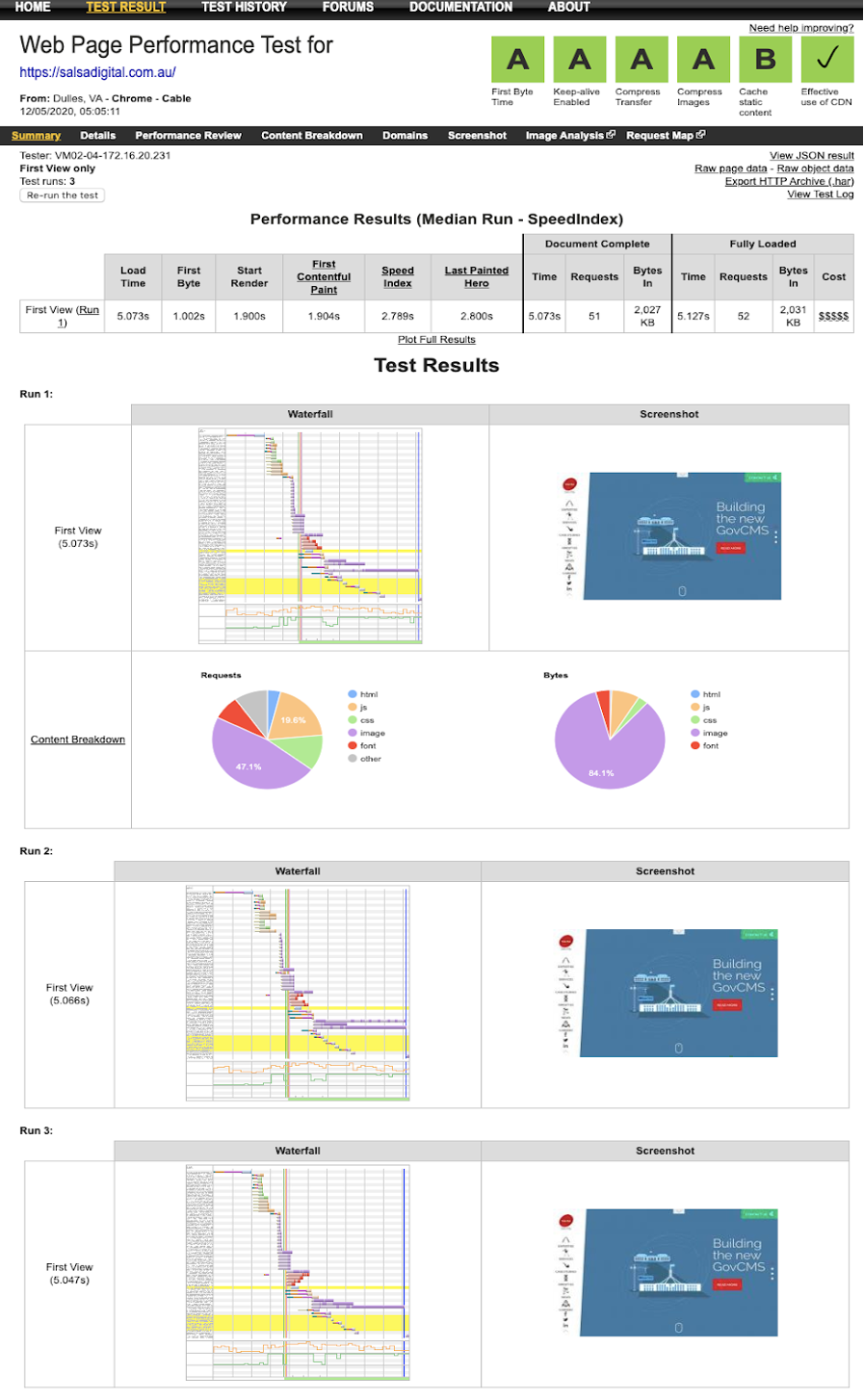Web page performance test result for salsa website