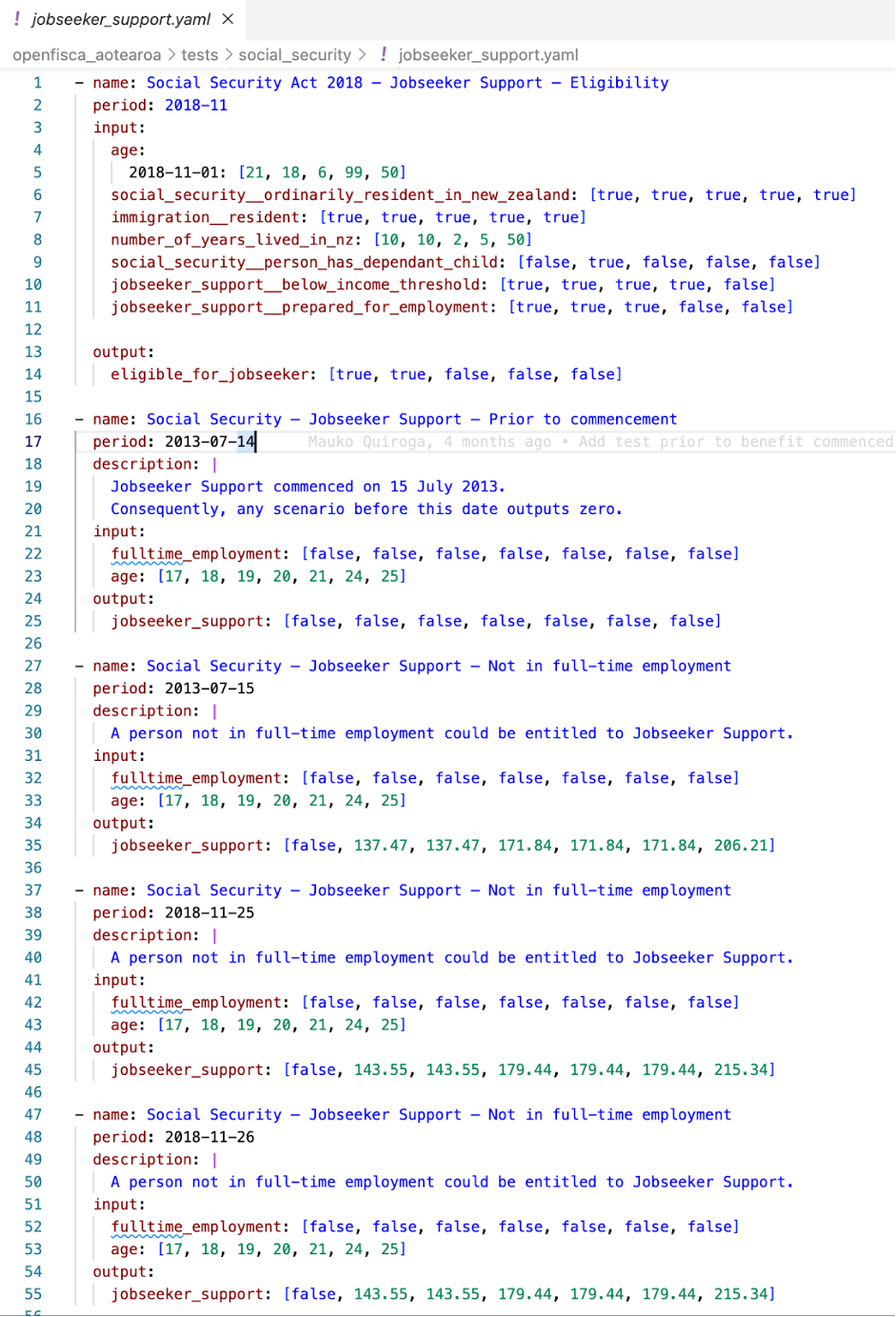 Rules as code methodology - test scenarios in OpenFisca