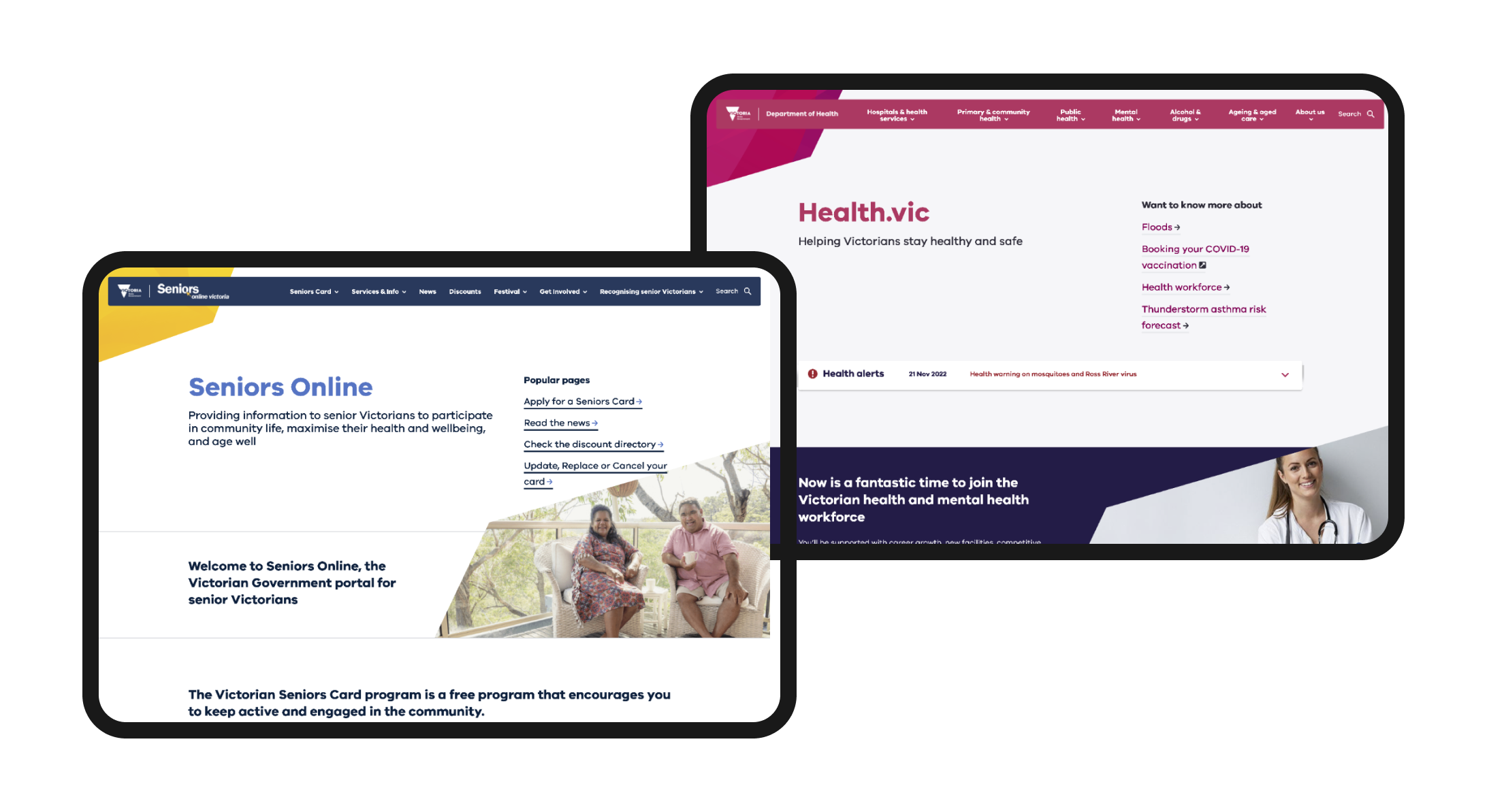An image showing homepage screenshots of both health.vic and Seniors Online. The images are overlaid and bordered with a 'tablet' look and feel.