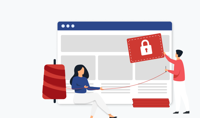 Graphical illustration of a large webpage, with a patch with a shield on it across the web page and two people sewing.