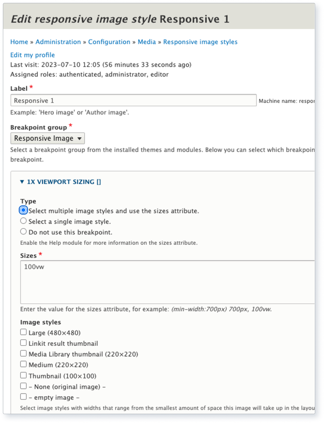 Screenshot of Drupal core’s responsive image module