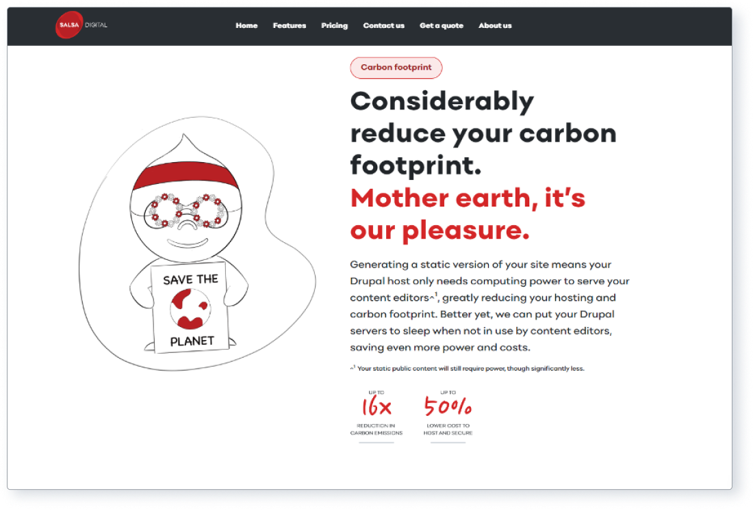 Screenshot showing details of how Salsa Hosting improves a website’s carbon footprint.