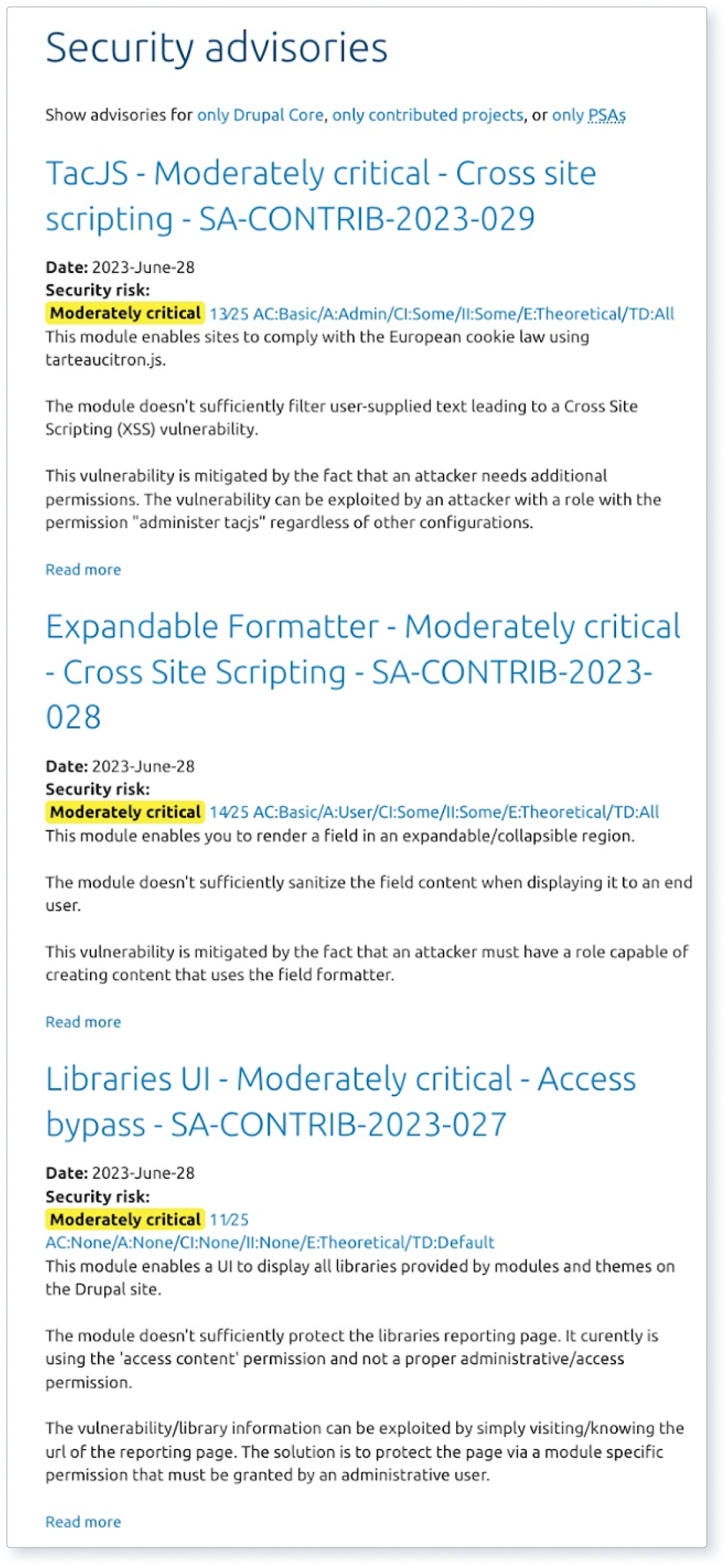 screenshot of Drupal security advisories