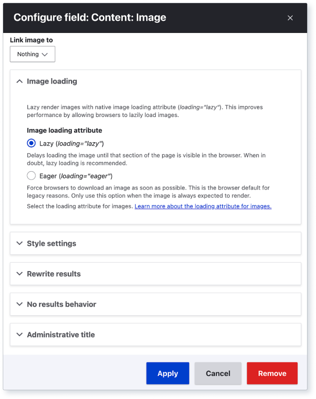 Screenshot of Drupal’s image field loading settings via Views UI