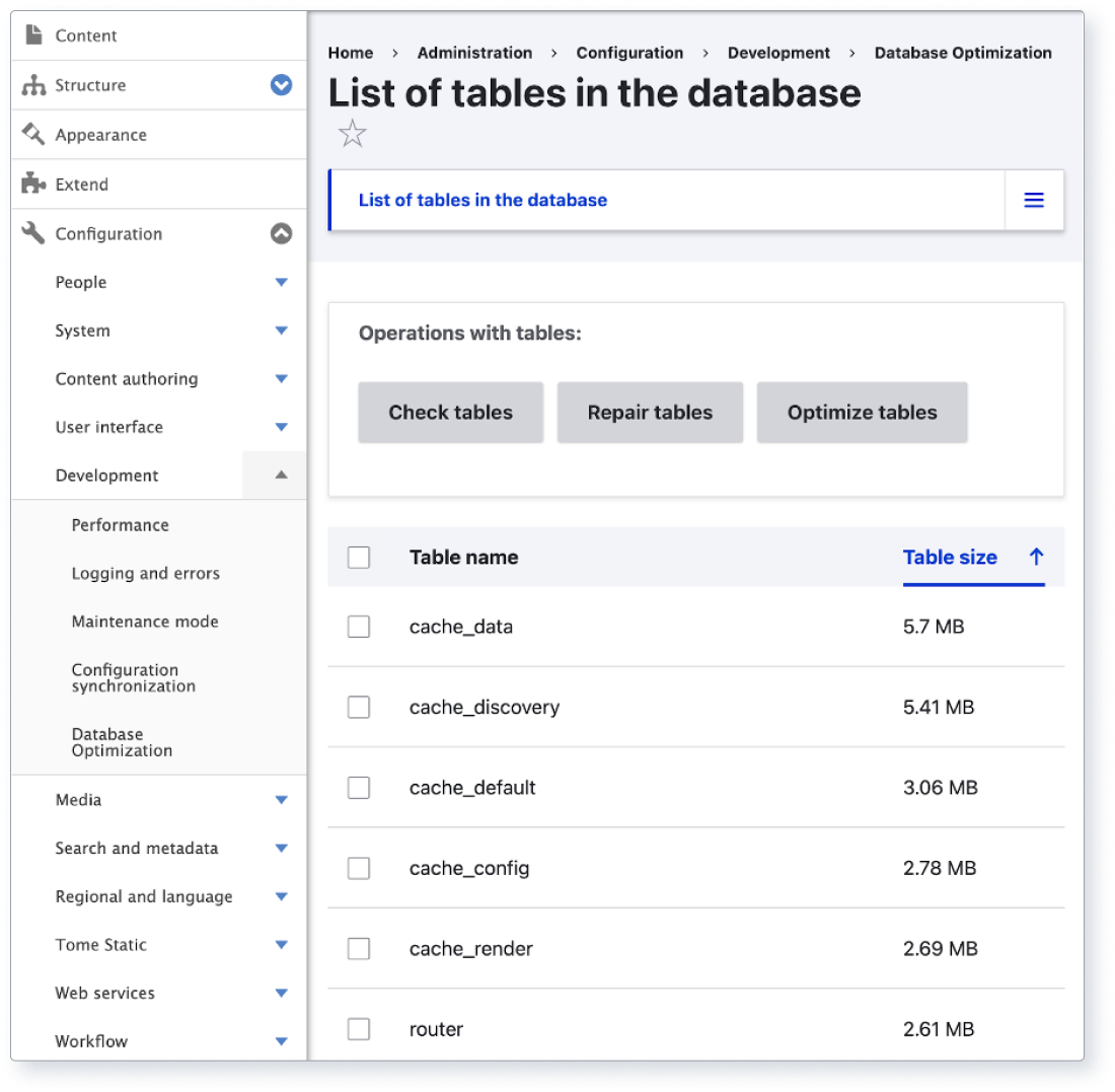Screenshot of the Drupal OptimizeDB module settings