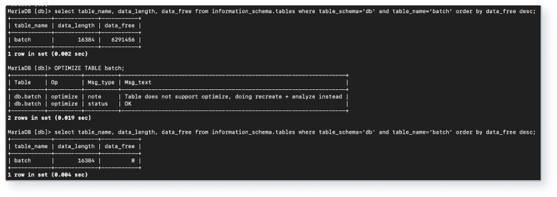 Screenshot of running OPTIMIZE TABLE on the Drupal batch table