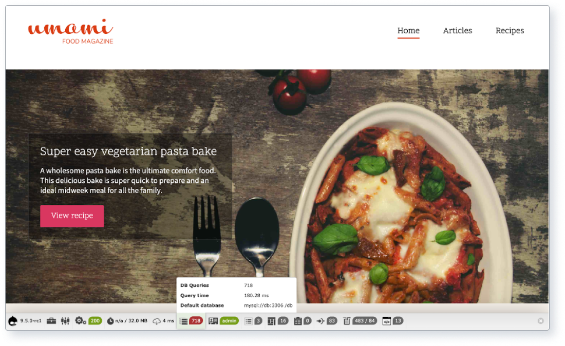 Screenshot of Drupal’s WebProfiler info bar with database query summary