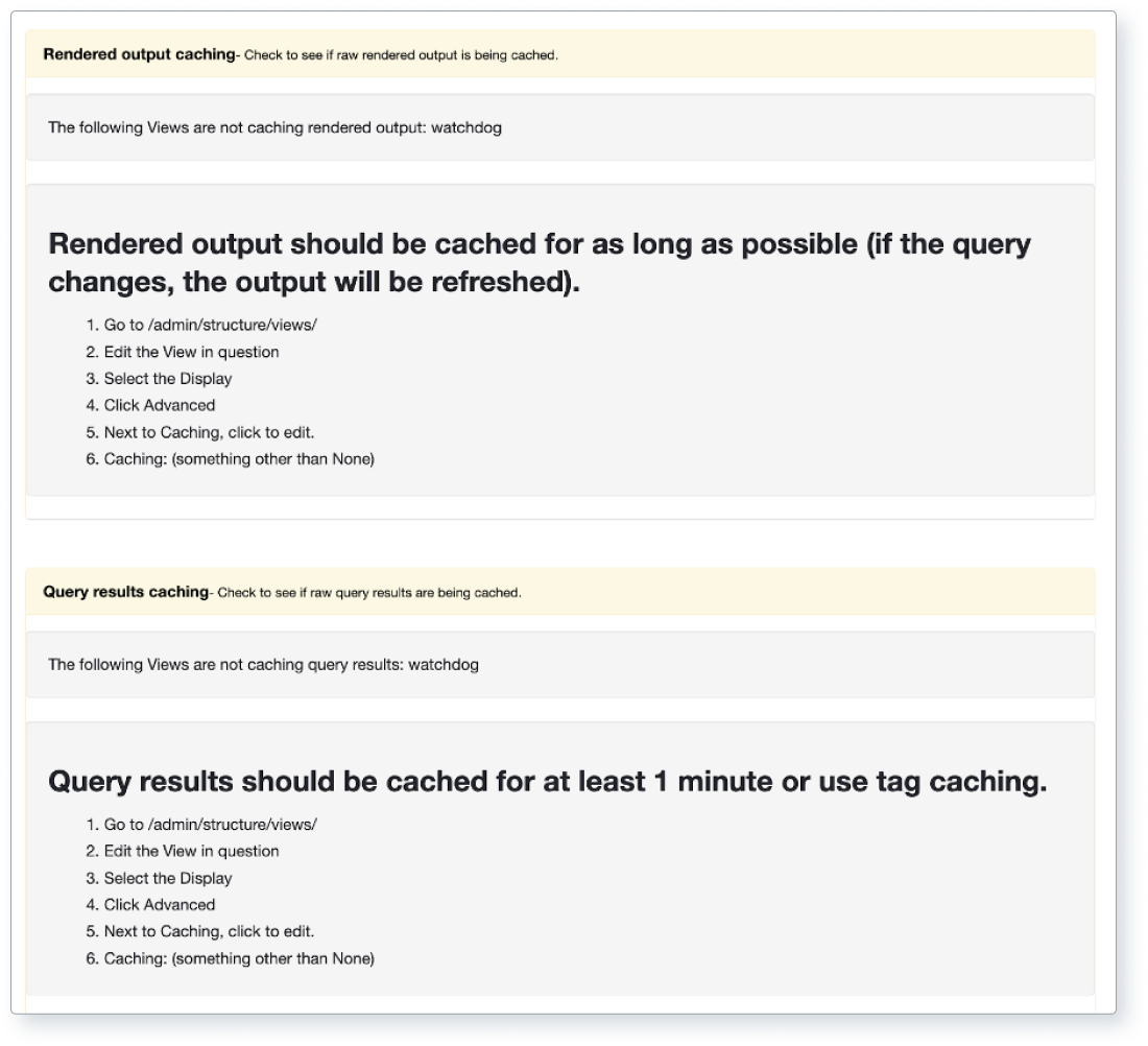 Screenshot of part of Drupal’s Site audit caching reports (1 of 3)