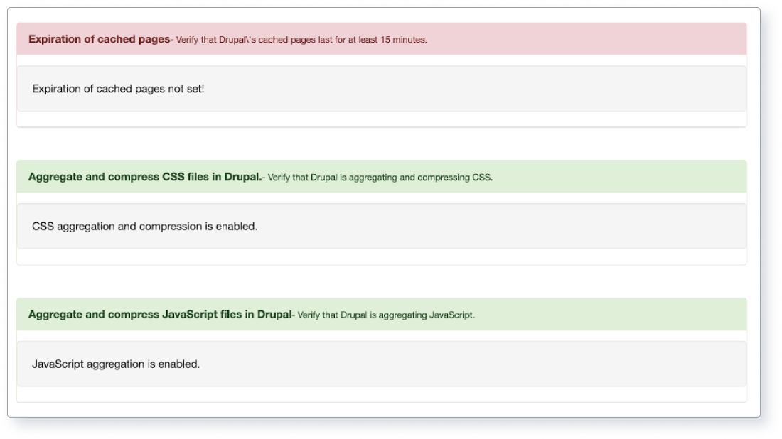 Screenshot of part of Drupal’s Site audit caching reports (2 of 3)