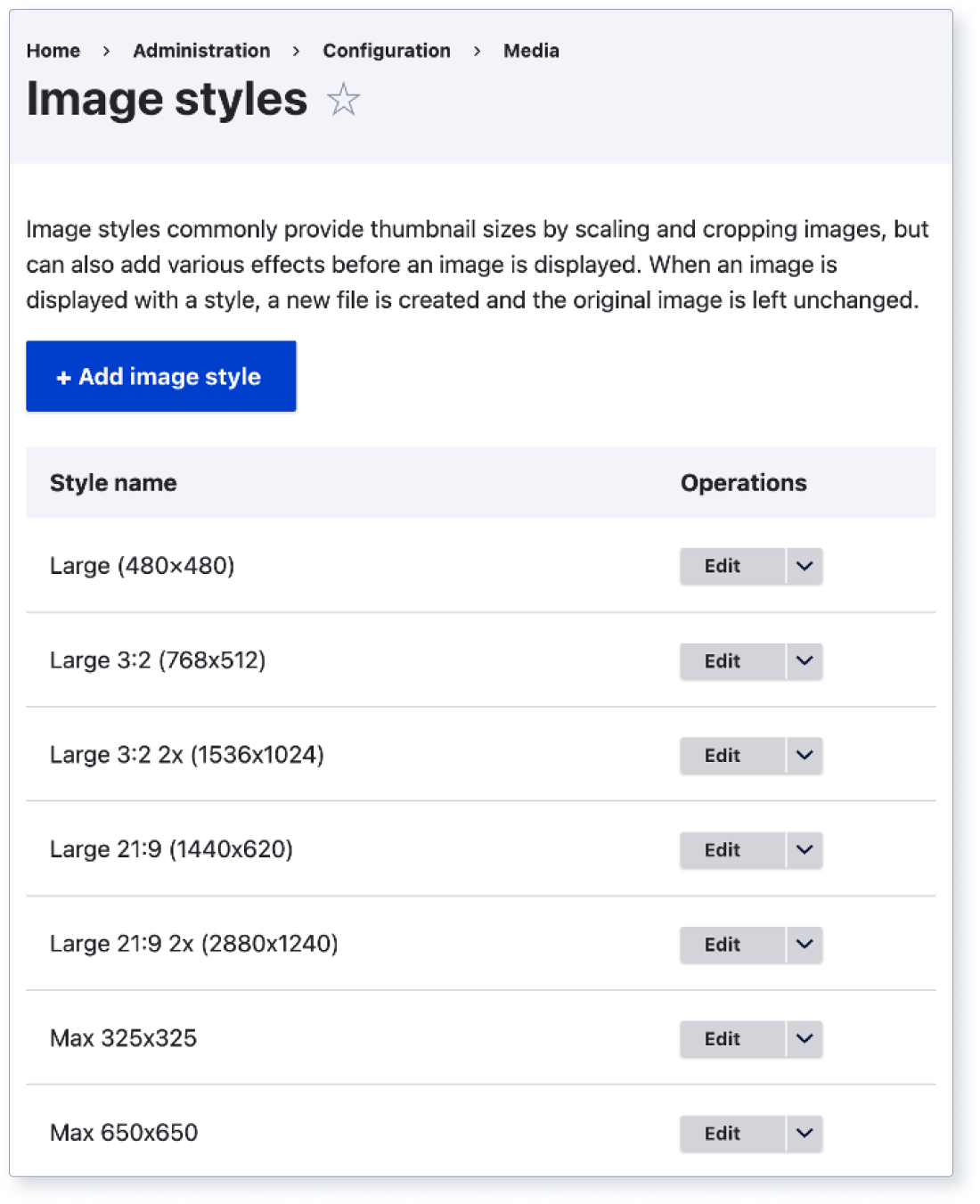 Screenshot of Drupal’s Image styles settings page