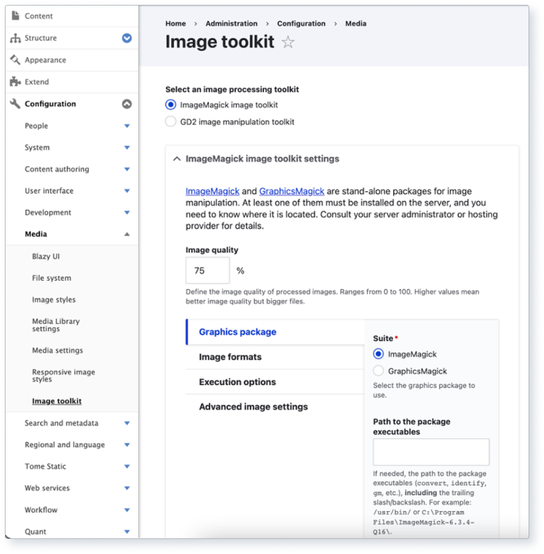 Screenshot of Drupal’s Image toolkit settings page when ImageMagick is installed
