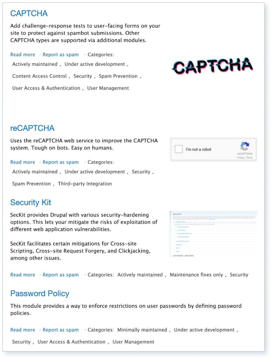 Screenshot of the top 4 Drupal 10 security modules on Drupal.org.