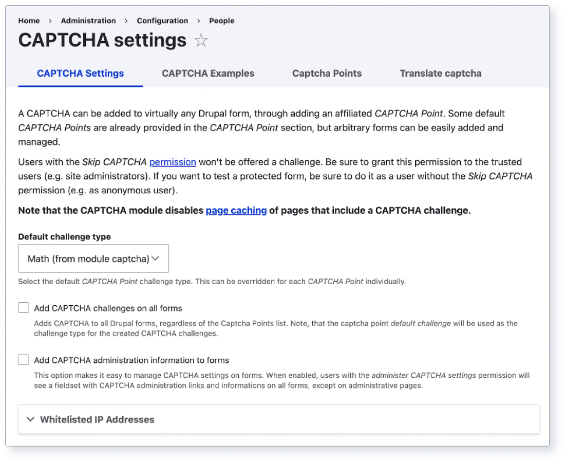 Screenshot of Drupal’s CAPTCHA module settings.