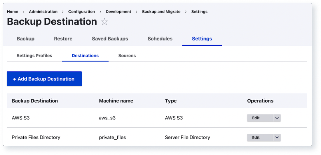 Screenshot of the Drupal Backup and Migrate module’s destination settings.
