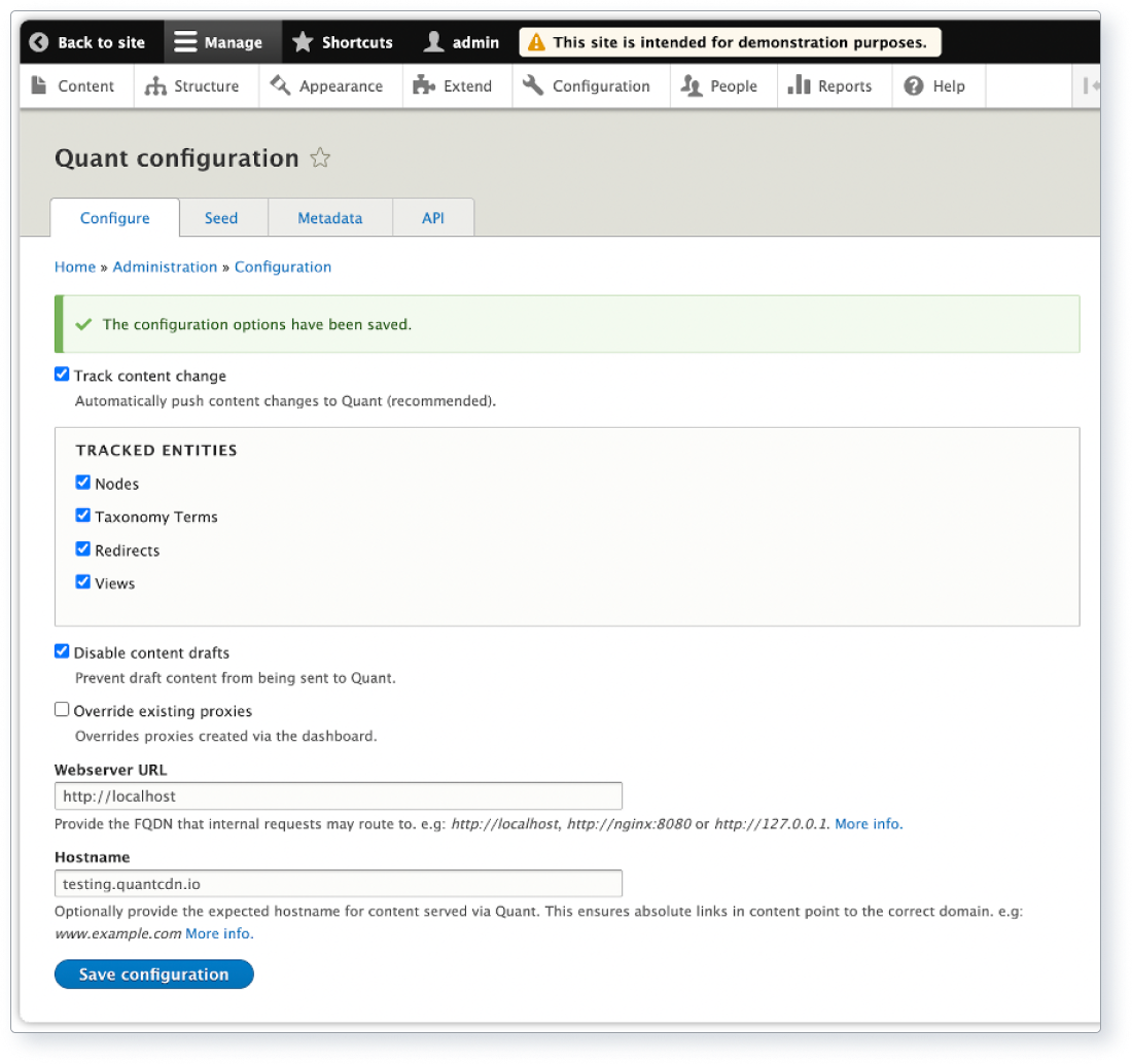 Screenshot of Quant module configuration settings for creating static version of a Drupal site.