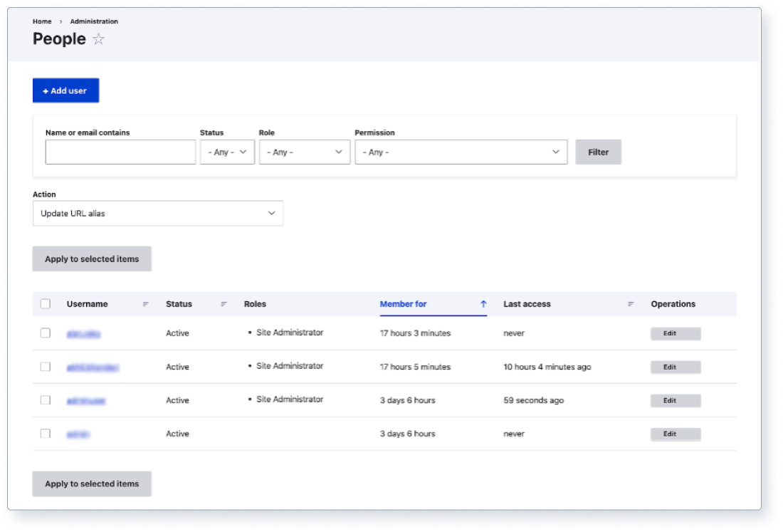 Screenshot of Drupal’s user list with their roles, status and access information