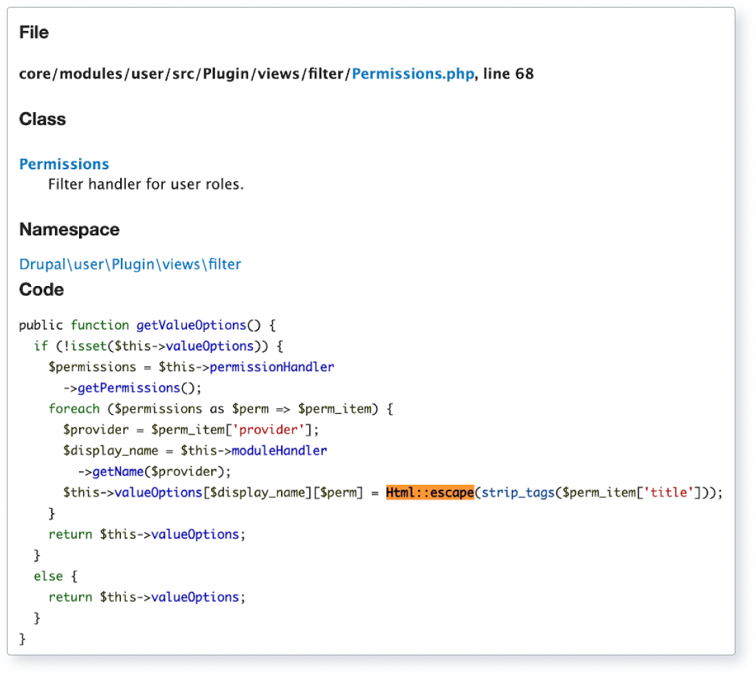 Screenshot showing the use of Html::escape in code