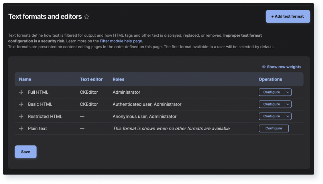 Screenshot of Drupal’s text formats