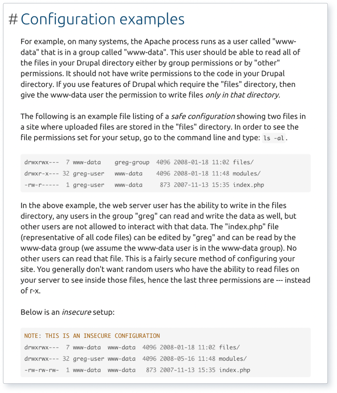 Screenshot of Drupal’s file permissions and ownership documentation showing example secure and insecure file permissions.