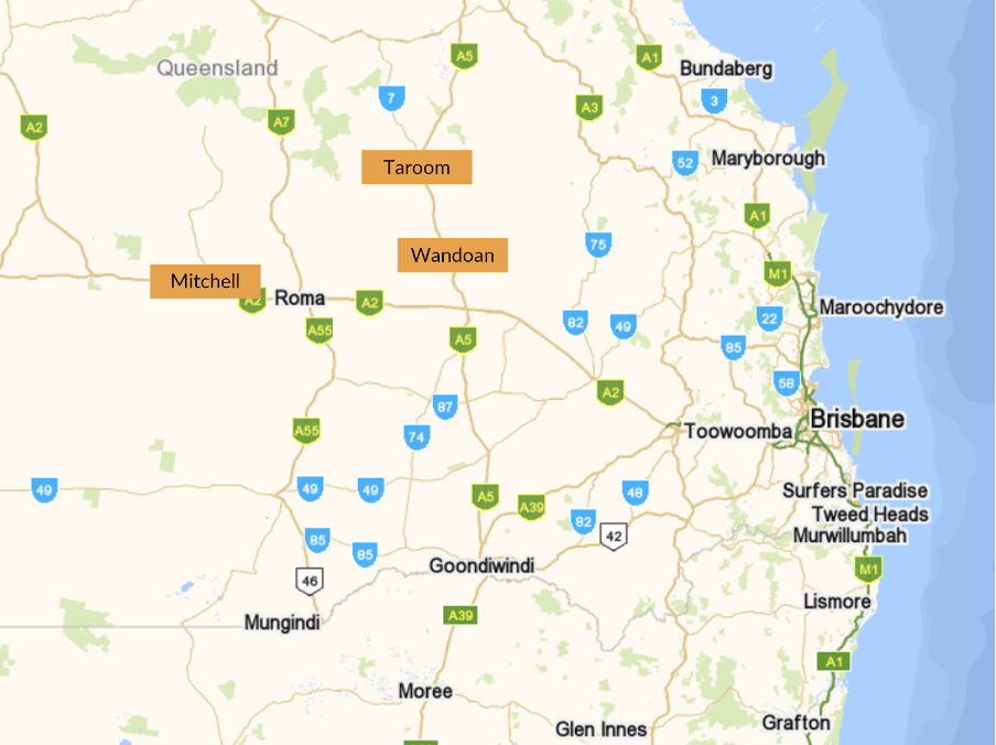 Map of central Queensland showing the three towns of Taroom, Wandoan and Mitchell surrounding the town of Roma.