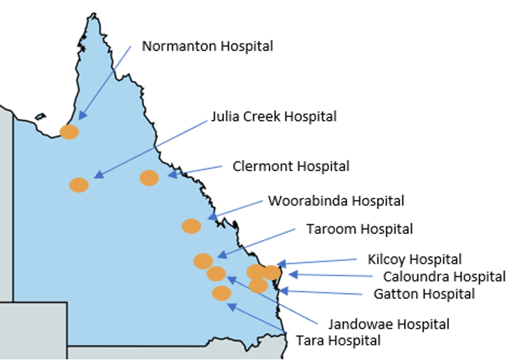 Map of Queensland with locations of the top 10 hospitals with the highest year on year increase in attendances.  The locations identified includeKilcoy Hospital, Clermont Hospital, Tara Hospital, Taroom Hospital, Jandowae Hospital, Woorabinda Hospital, Julia Creek Hospital, Normanton Hospital, Gatton Hospital and Caloundra Hospital.