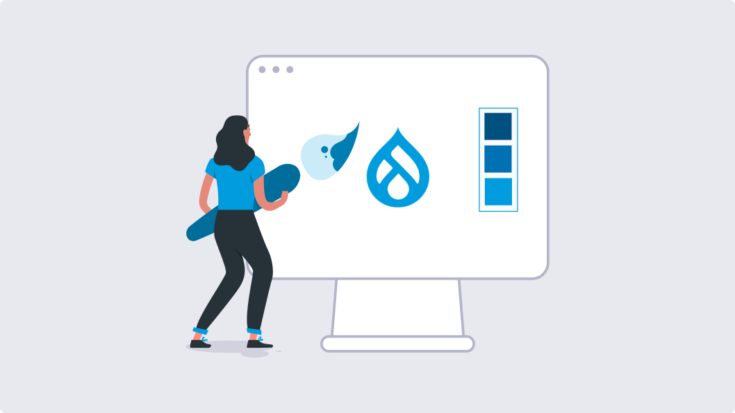 Illustration of Drupal theme with a woman holding a paintbrush in front of a Drupal screen