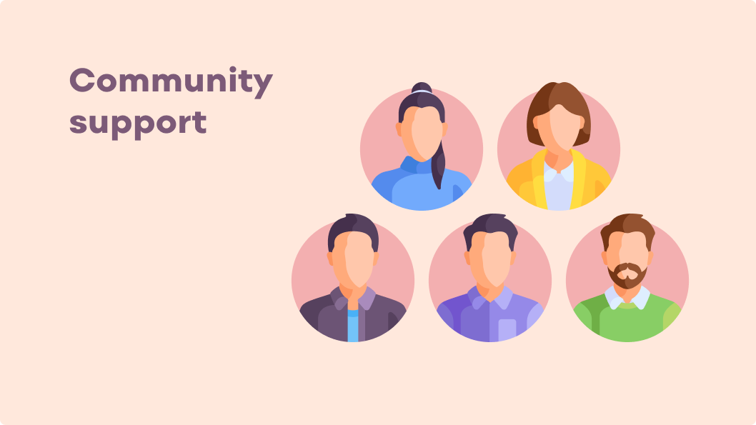 Illustration showing community support with 5 people's heads and shoulders.