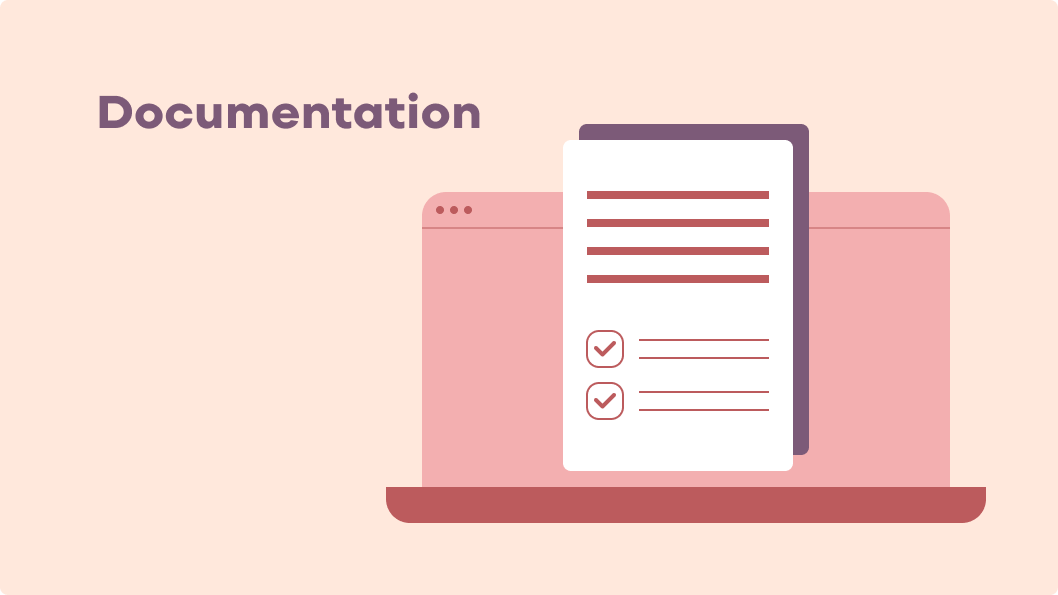 Illustration showing documentation with document icons over a laptop screen.