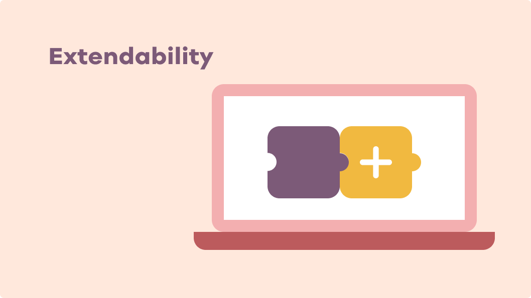 Illustration showing extendability with an image of a laptop and two building blocks in the screen, one with a plus sign.