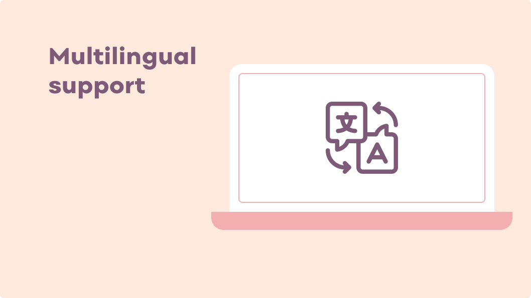 Illustration showing multilingual support with a laptop screen and on the screen the letter A and a character.