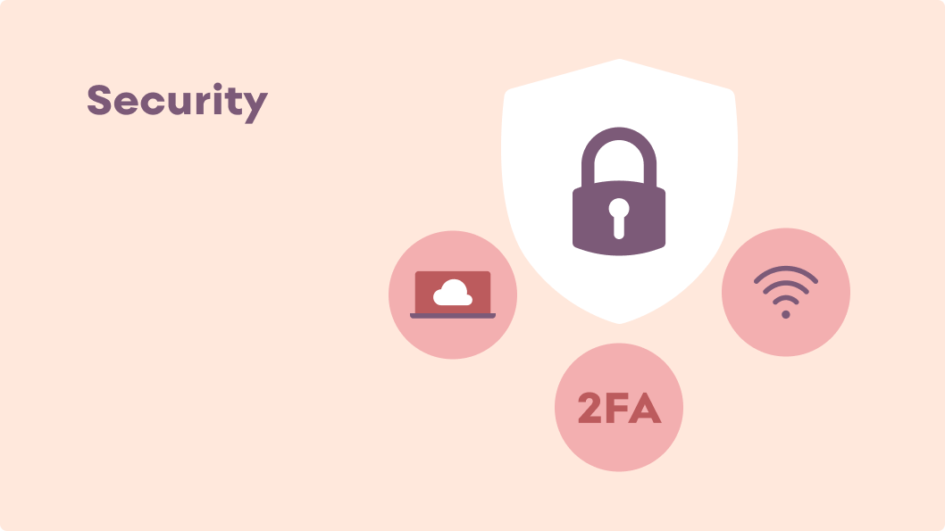 Illustration showing security with a shield icon, a lock, a WiFi symbol and a circle with 2FA in it.