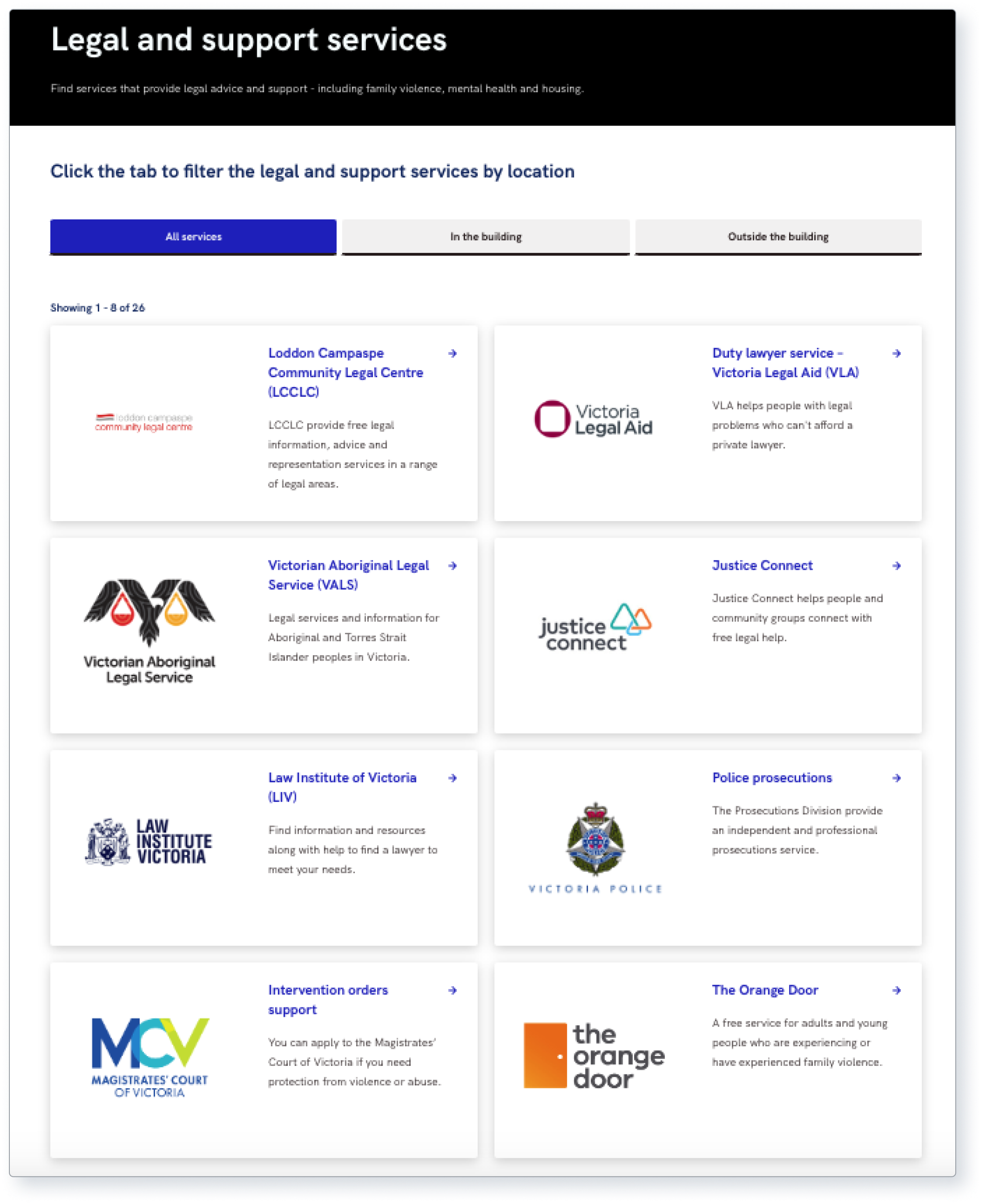 Screenshot of legal and support services tab filters