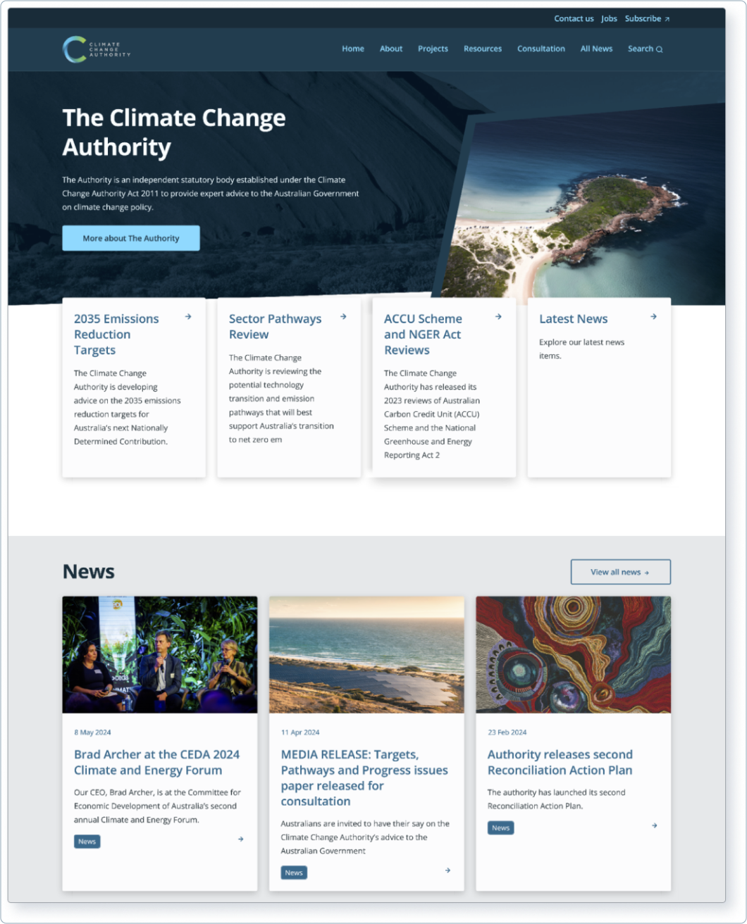 A screenshot of the new, refreshed and updated CCA website with a modern, aesthetically pleasing design.