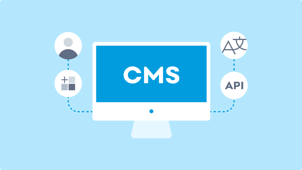 An illustration showing a computer monitor with the acronym ‘CMS’ in the center, connected by dashed lines to three icons representing Drupal’s core features: a user profile, a plus symbol indicating add-ons, and an ‘API’ label. The image visually explains the interconnectedness of Drupal’s main functionalities.