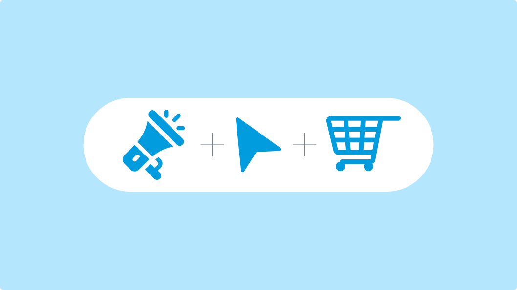 An illustration featuring three icons connected by three dashed plus signs on a blue background. The icons are a megaphone for marketing, a play button for media integration, and a shopping cart for e-commerce, representing the integration of marketing and e-commerce tools.
