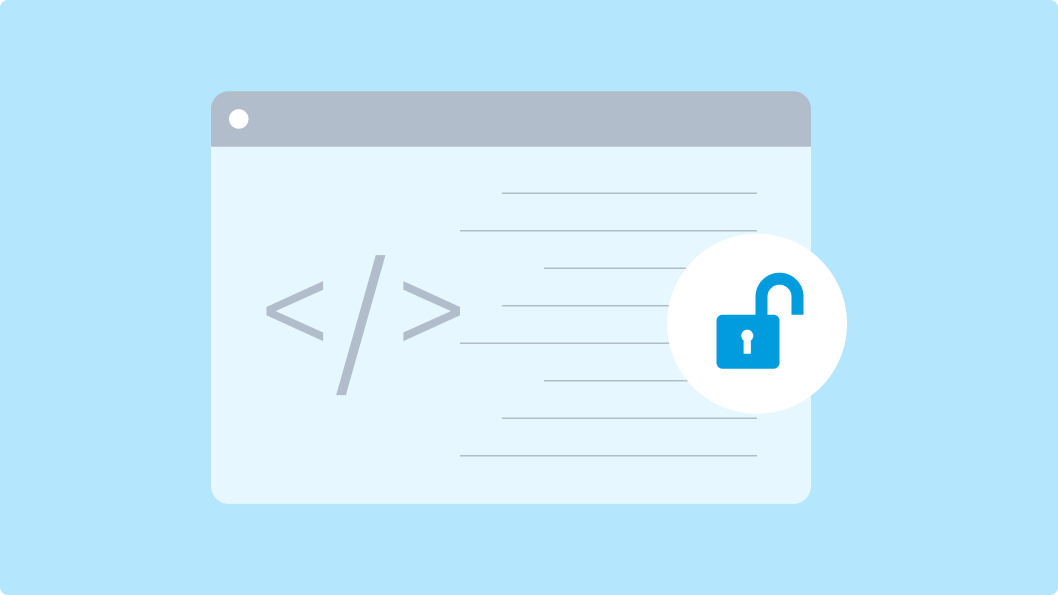 Illustration of a browser window displaying lines of code and a lock icon, symbolizing the concept of open-source software. The lock icon is overlaid on the right side of the window, indicating the secure nature of open-source environments.