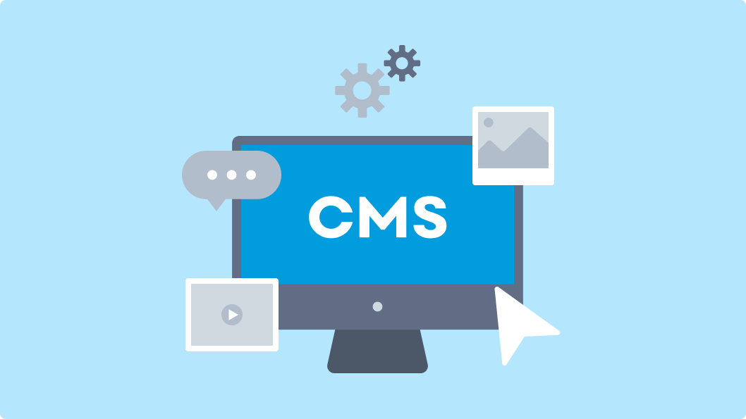 An Illustration depicting a desktop monitor displaying ‘CMS’ surrounded by symbols including a gear, a play button, a speech bubble, and a mountain landscape image, representing the flexibility of a content management system to handle various content types and functionalities.