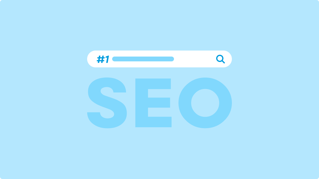An Illustration showcasing SEO-friendly architecture, featuring a large ‘SEO’ text and a search bar labeled ‘#1’ against a light blue background.