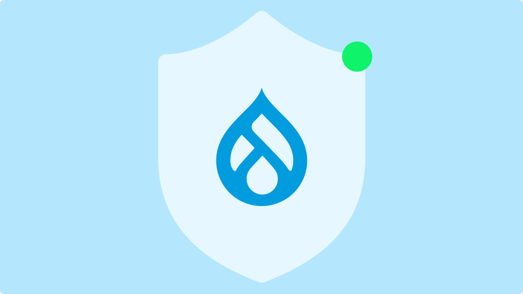 An illustration of a shield with a blue Drupal logo, symbolizing strong security features in Drupal’s content management system, emphasizing trust and reliability.