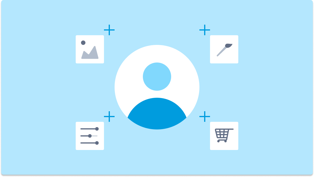 An illustration depicting extensive customization options, featuring a central user icon surrounded by icons representing image editing, settings adjustment, tool customization, and e-commerce capabilities.