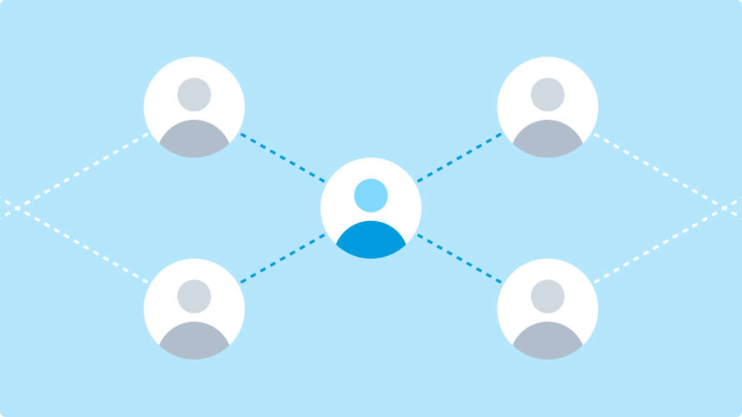 An illustration depicting vibrant community support, showing a central user icon connected via dotted lines to four other user icons arranged around it, which symbolizes a network of community interaction and support