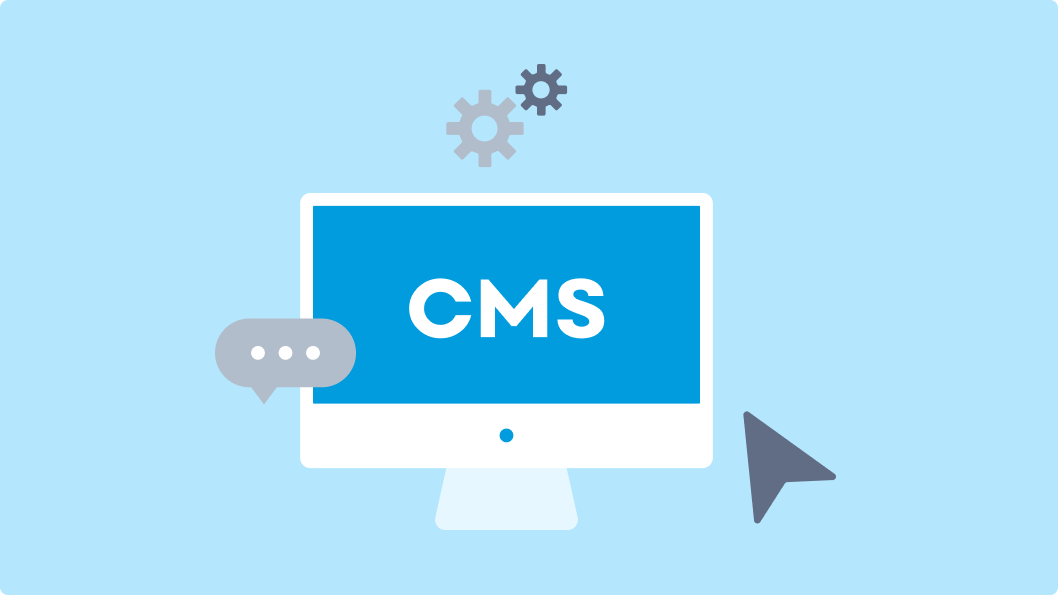 An illustration showing a computer monitor with ‘CMS’ displayed prominently on the screen, symbolizing a Content Management System. Additional icons of a gear and speech bubbles suggest functionality for settings and communication, reflecting key components of CMS operations.