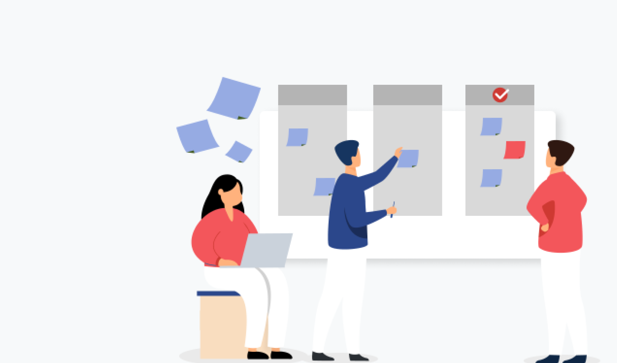 Two men in red and blue are discussing over a scheduling table. A woman is working on the laptop with three blue sticky notes flying on her head.