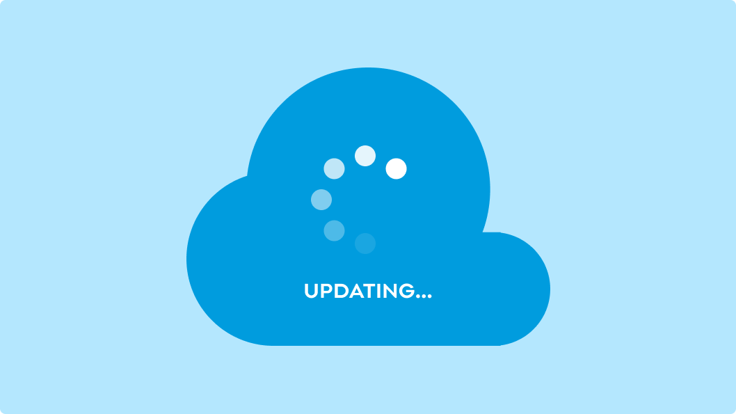 An illustration depicting regular updates and improvements in Drupal, showing a large blue cloud with a loading icon and the word ‘UPDATING…’ emphasizing ongoing enhancements.