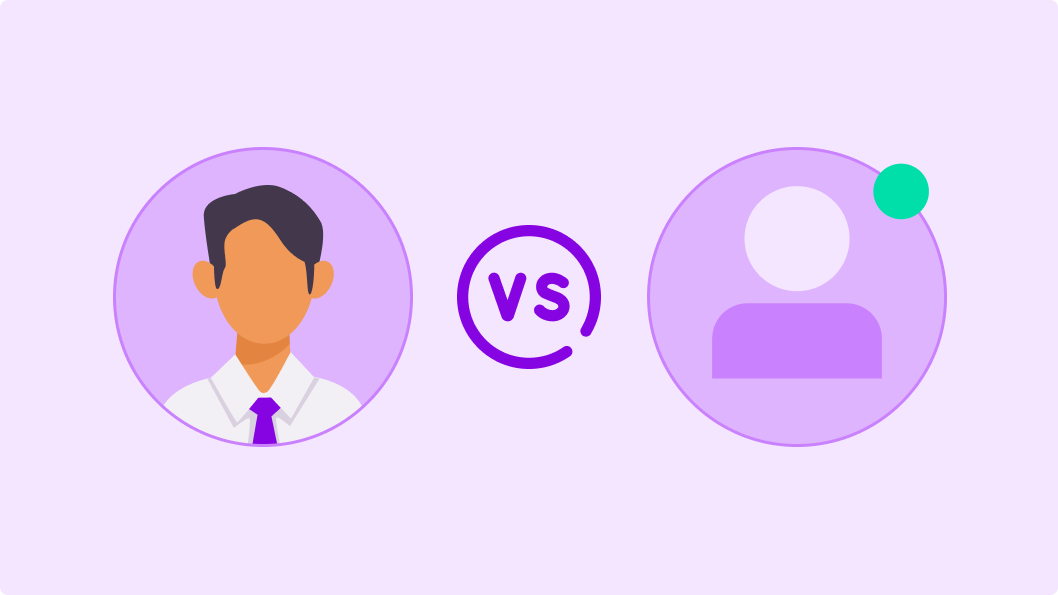 Illustration showing the comparison between a Drupal user role and a Drupal account, both represented by two icons in circles: on the left, the user role is represented by a male figure with a tie within a purple circle, and on the right, the user account is represented by a gender-neutral user icon with a green status dot. A 'VS' symbol separates both icons.