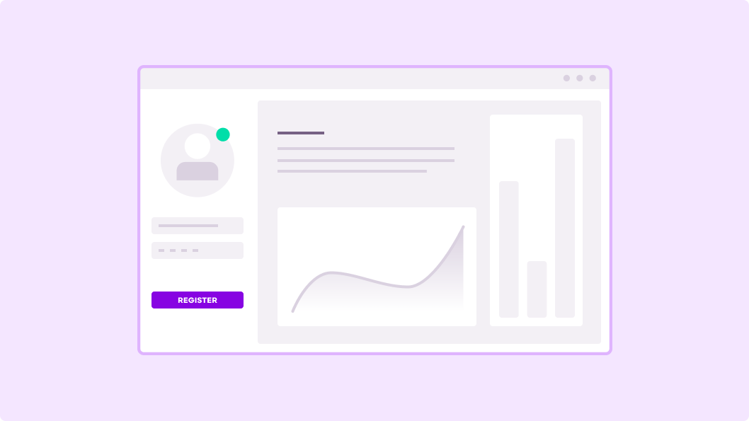 Illustration showing a stylized user registration web page with a 'REGISTER' button, a user profile icon with a status indicator, and placeholder text fields alongside a content area depicting a line graph and bar chart to represent user engagement data.