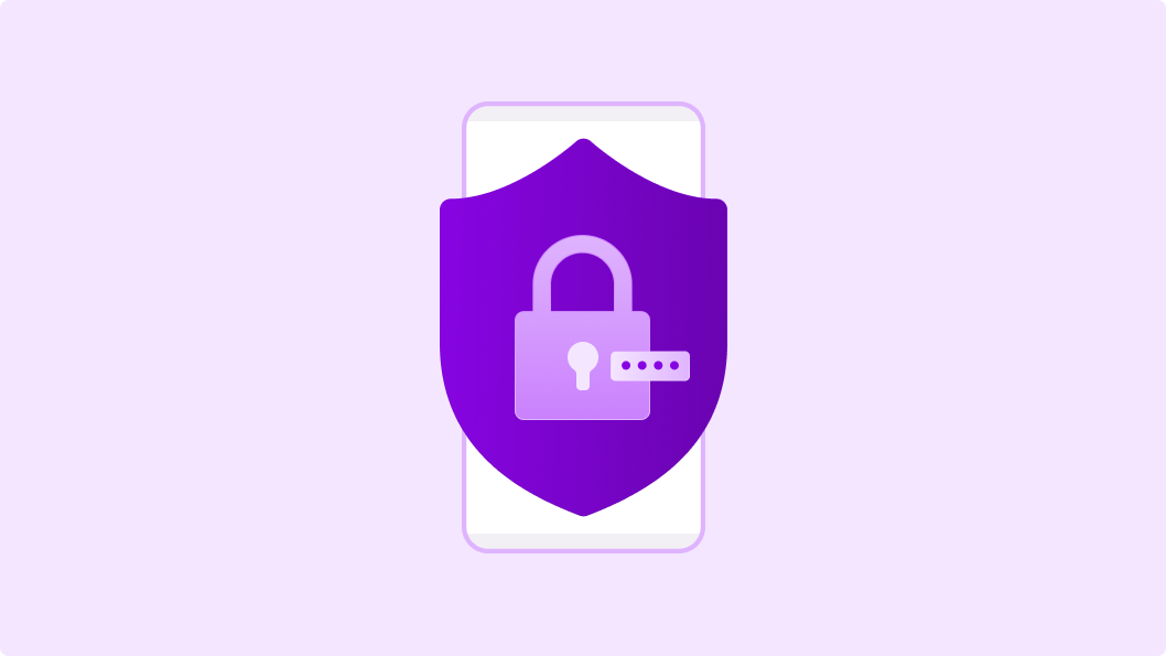 Illustration showing a mobile phone screen displaying a shield icon in purple, overlaid with a lock symbol, representing robust user authentication security