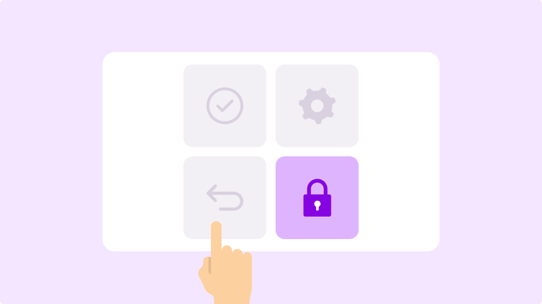 Illustration showing a hand pointing to a digital interface with four icons arranged in a grid: a checkmark, a gear, a left arrow, and a lock. This represents user access control options for configuration and restrictions in a web application.