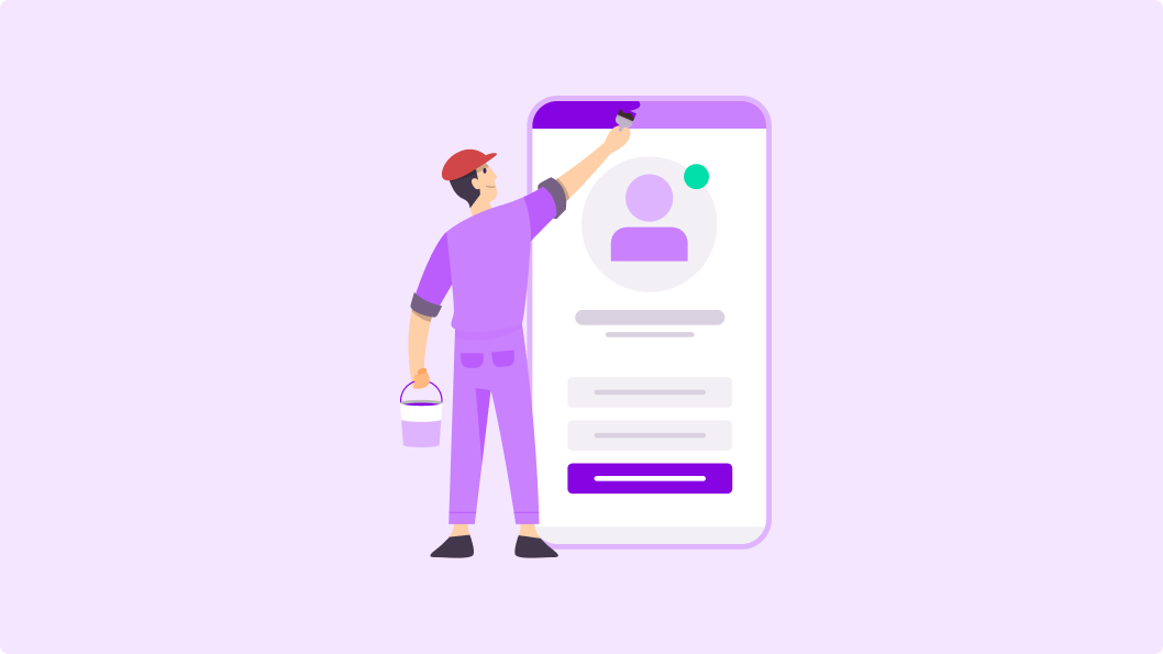 Illustration of a worker in purple overalls painting the top of a giant smartphone screen, which displays a user profile interface with a profile icon, status indicator, and text fields. The worker, holding a paint bucket and brush, symbolizes the customization of user profiles for personalized experiences.